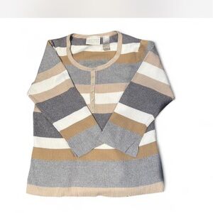 Liz Claiborne Gray and White Striped Crew Neck Sweater